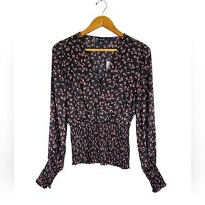 NWT Gap Blouse Women's Floral Ballon Long Sleeve Smocked Wrap V-Neck Size Small